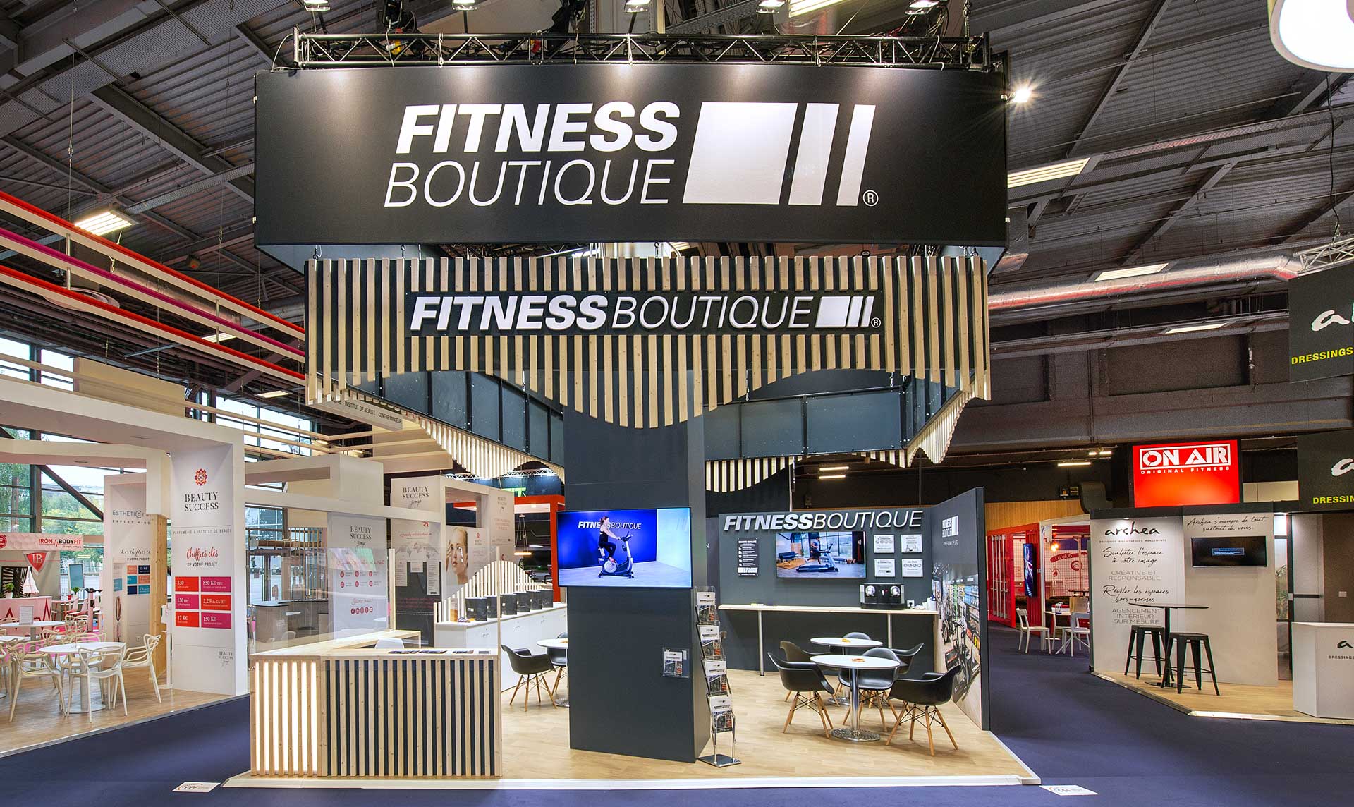 Design du stand Fitness Boutique de 42m2 au Salon Franchise 2021 à Paris